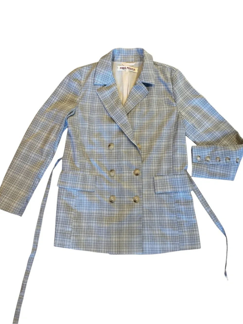 Free People Olivia Light Gray Plaid Double-Breasted Blazer | Relaxed Menswear